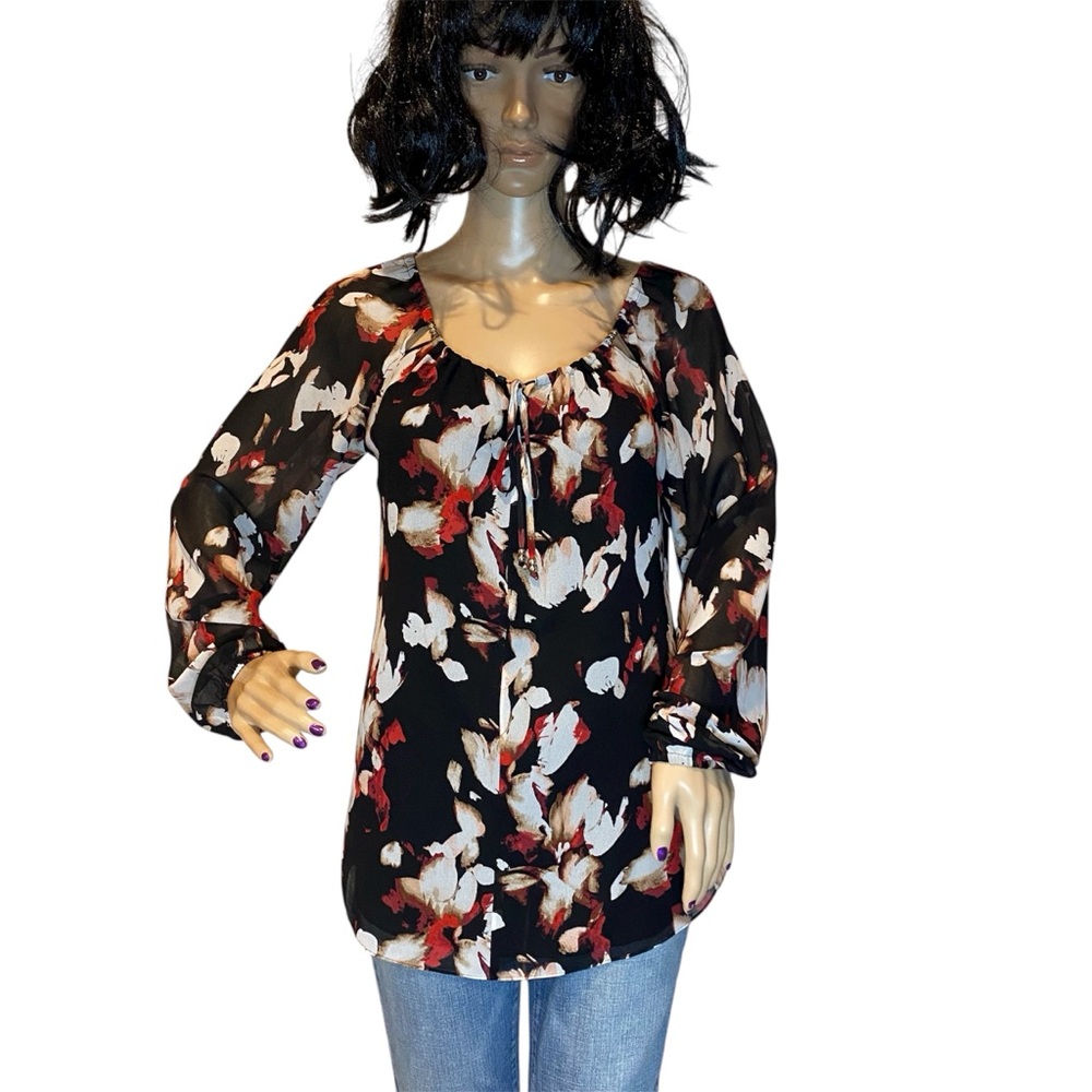 White House Black Market WHBM Long Sleeve Floral Blouse Tie Neck Black Sz 6 EUC